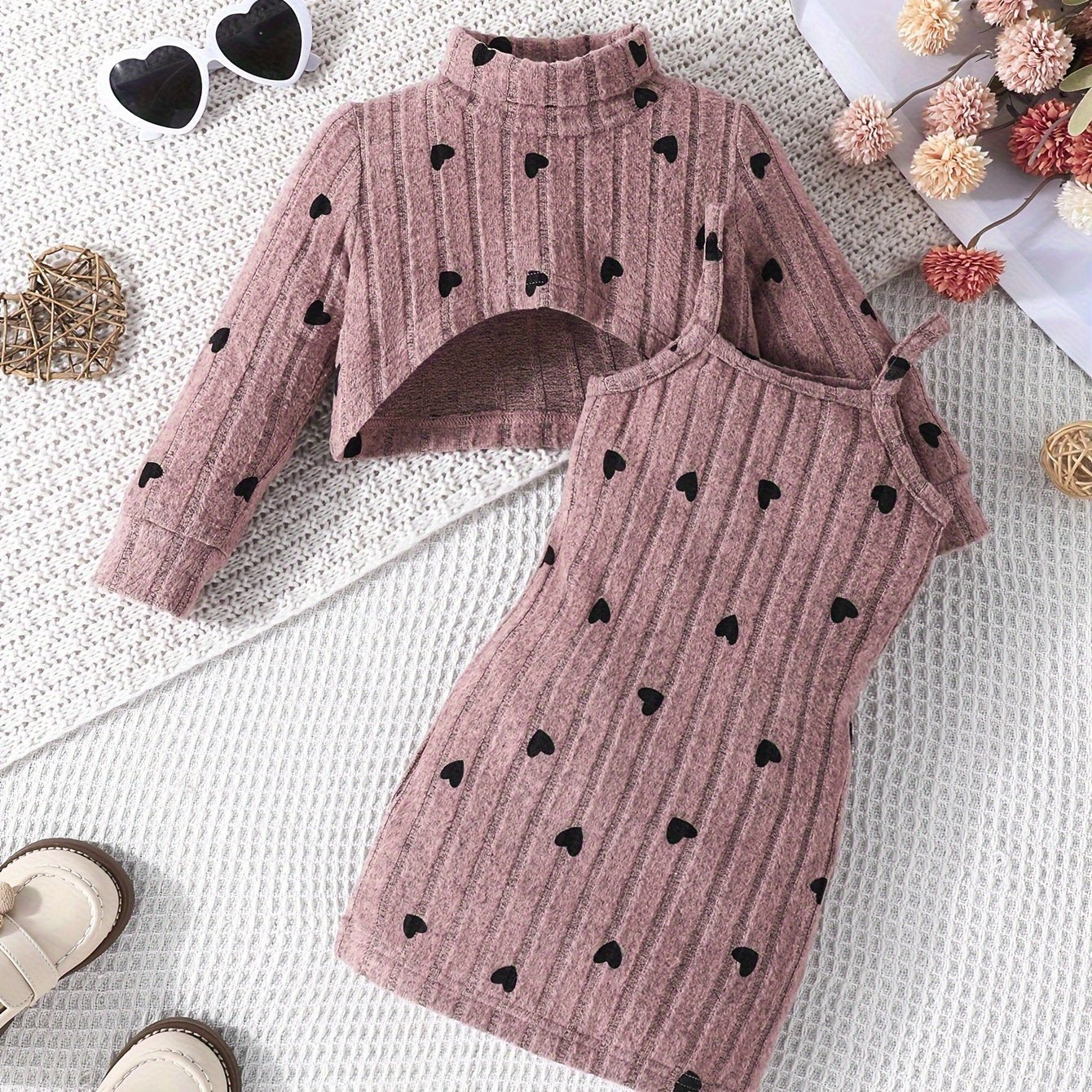 Baby Girl Outfit Set: Rib Knit Dressy Style with Geometric Pattern. Includes Long Sleeve Top with Heart Print and Slim Fit Camisole Dress Combo made of Polyester & Spandex. Perfect for