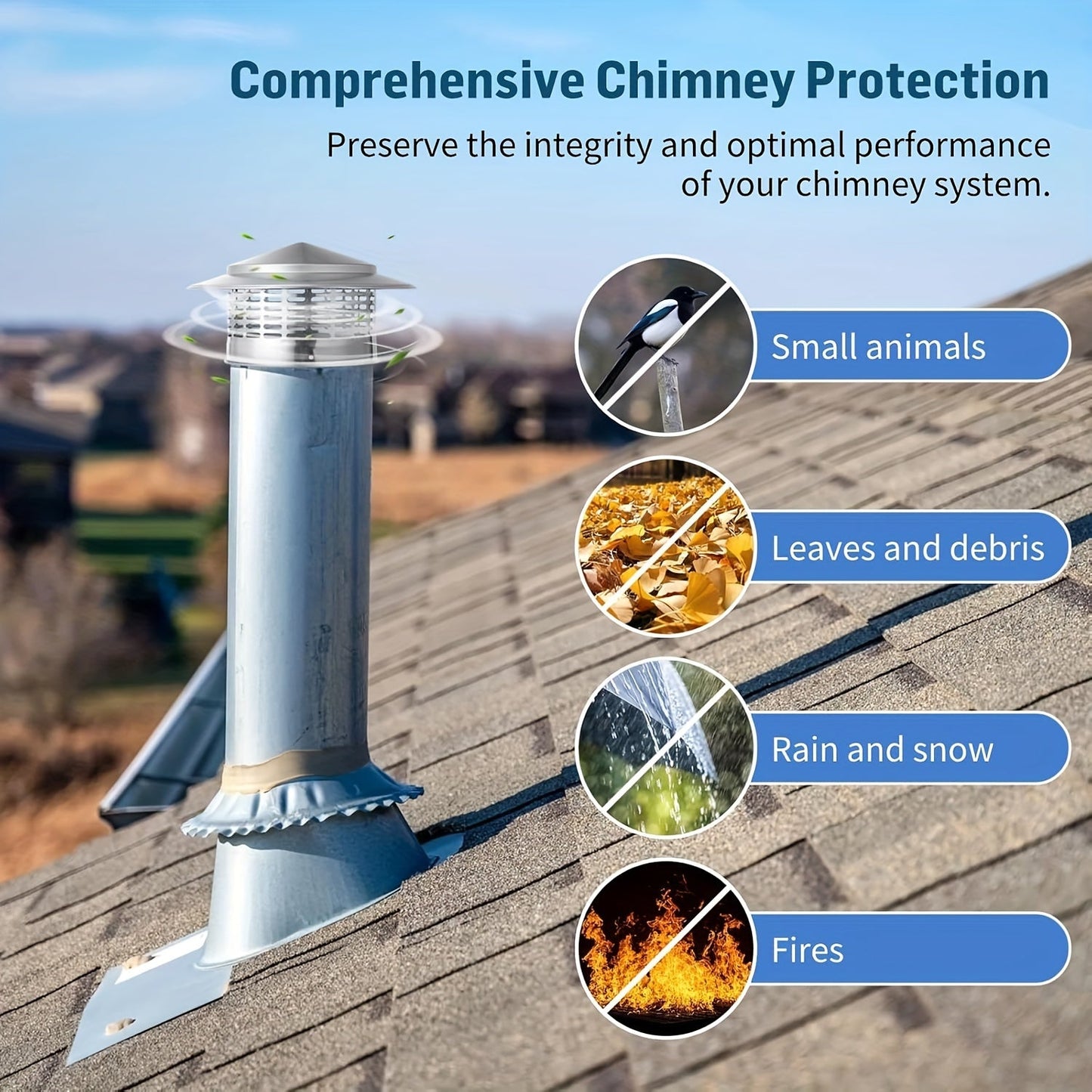 Protect your outdoor flue with this Stainless Steel Chimney Cap. Measuring at 20.32 cm round with a mesh screen, this 304 Vent Pipe Rain Cover has a 19.99 cm inner diameter to ensure protection from rain and other outdoor elements.