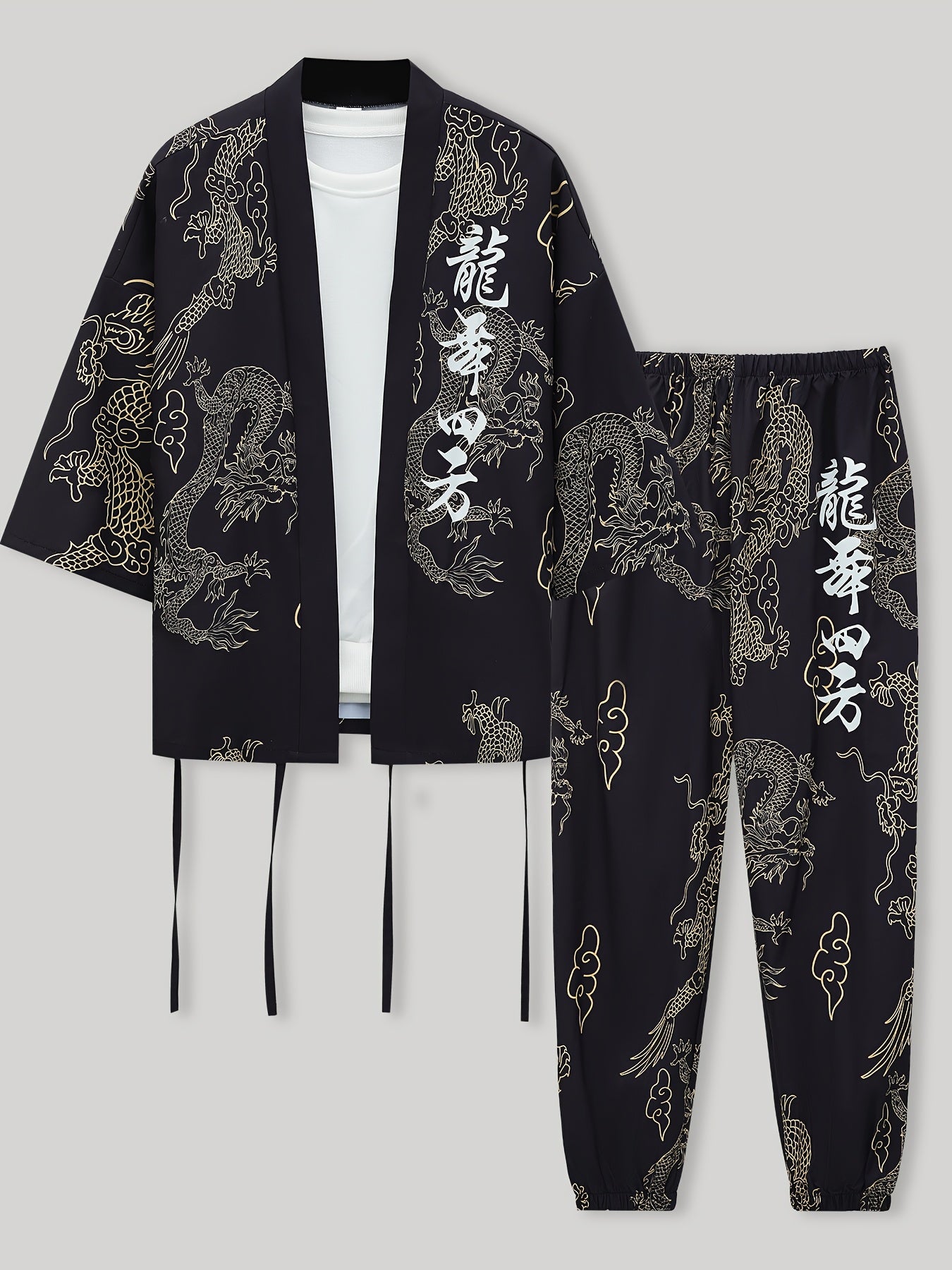 Men's dragon print pajama set for casual wear, featuring a Japanese-inspired mid-sleeve top and long pants made of breathable polyester, machine washable.