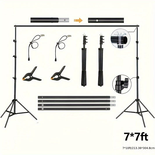 Adjustable, durable, and portable photography backdrop stand with 1pc 7x7ft or 7x10ft size, includes 2pcs spring clamps, 2pcs plastic clamps, and carrying bag. Stable design for portrait