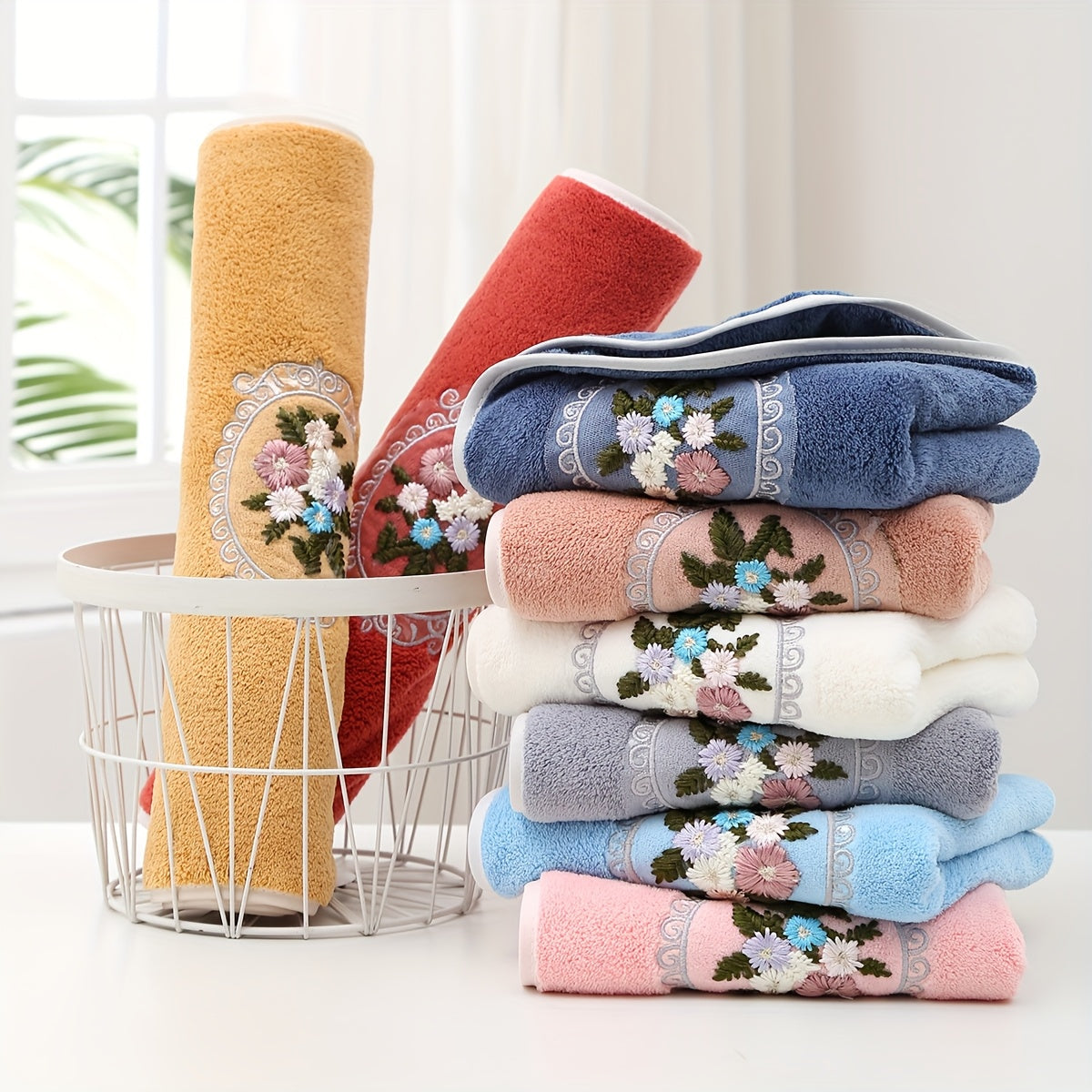 WF gauze flower 2 cents + 1 bath / 3pcs set Coral velvet embroidery towels (2 35*75cm, 1 70*140cm) soft, absorbent, quick-drying bathroom essentials for children and adults, skin-friendly