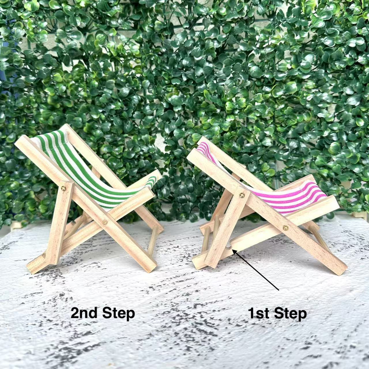 Set of 2 Mini Foldable Beach Chairs - Coastal Wooden and Fabric Design, Ideal for Wedding Decor, Desktop Decoration, Phone Holder, and Photography Prop