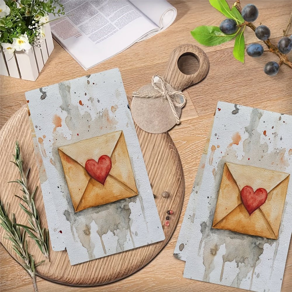 Valentine's Day Kitchen Towels Set - 2 Pieces of Ultra Soft Towels with Whimsical Heart Envelope Design. These Highly Absorbent Dish Hand Towels are Machine Washable and feature a Contemporary Style. Each towel measures 40.64x60.96 cm. Perfect for your