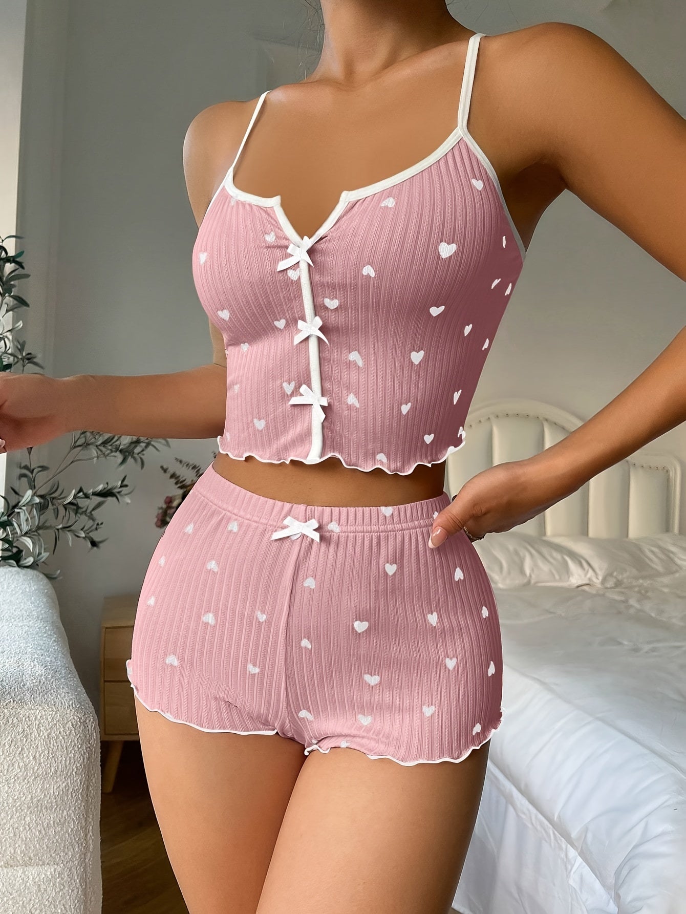 Heart print frill trim pajama set with backless crop top and shorts, perfect for summer nights.