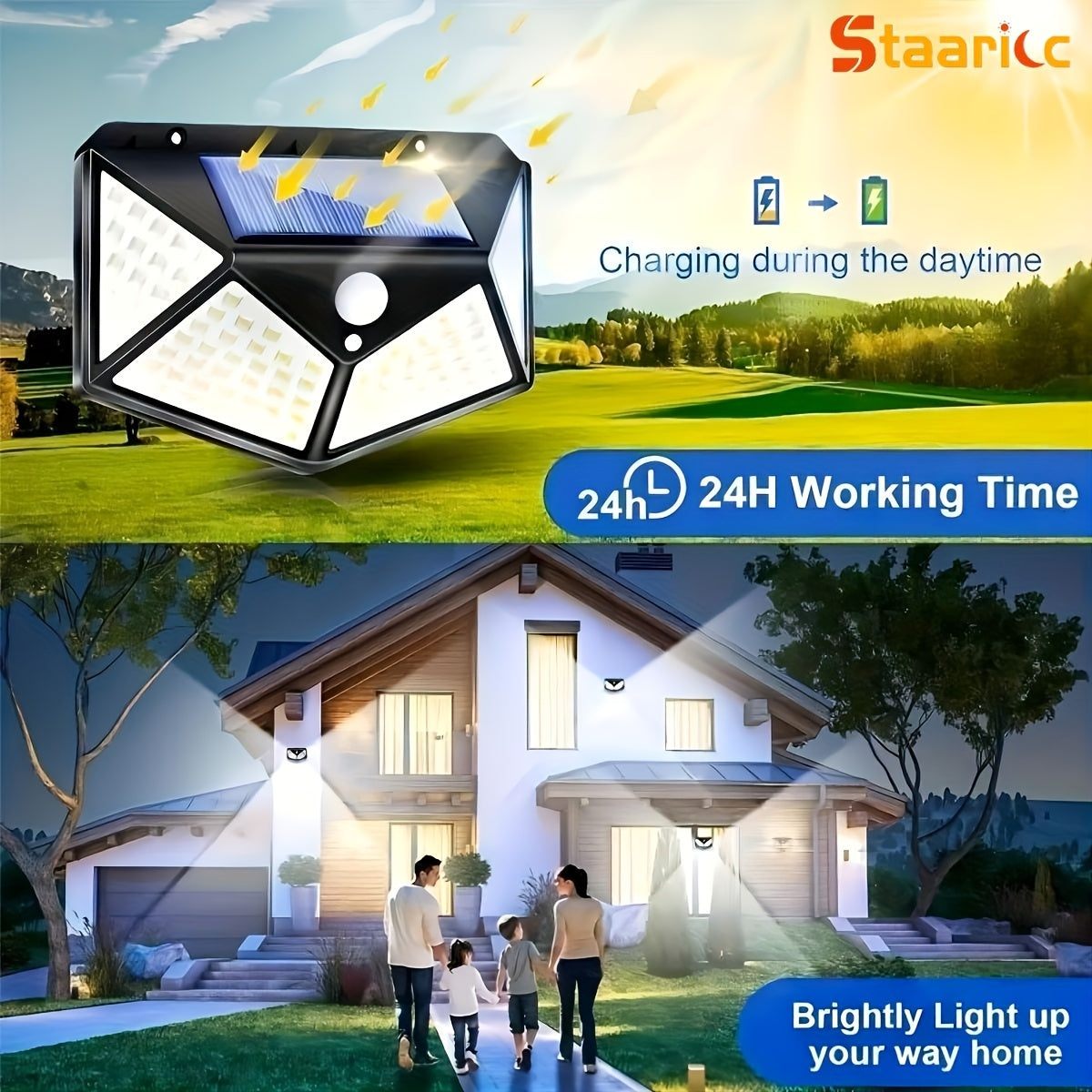 The Staaricc solar lamp is an energy-saving light with 100 LEDs and a motion sensor. It has three modes, a 270° illumination range, and is suitable for outdoor spaces like gardens, fences