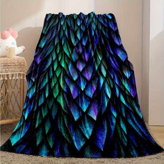 Soft and cozy 1pc Tri-Color Dragon Scale Print Flannel Throw Blanket perfect for couch, bed, office, and travel. Ideal as a versatile gift for any season or occasion, including Christmas.