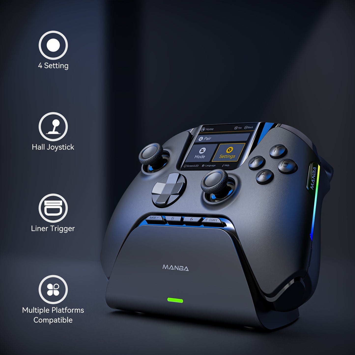 FIEHDUW Wireless Gaming Controller with RGB Lighting, No-Drift, Hall Effect Triggers, Remappable Buttons, 1800mAh Battery, and Charging Dock. Compatible with PC/Switch/iOS/Android/Steam