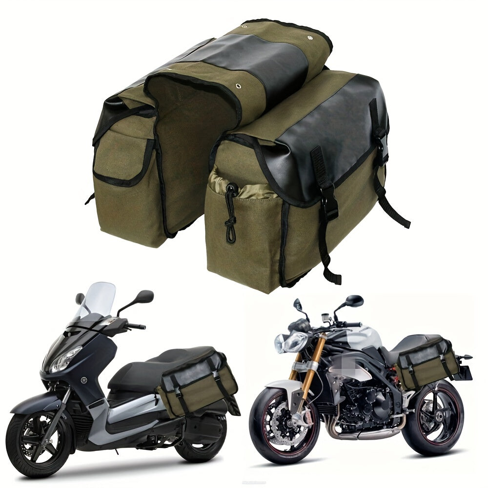 Universal large capacity canvas saddle bag for motorcycles, suitable for various bike brands.