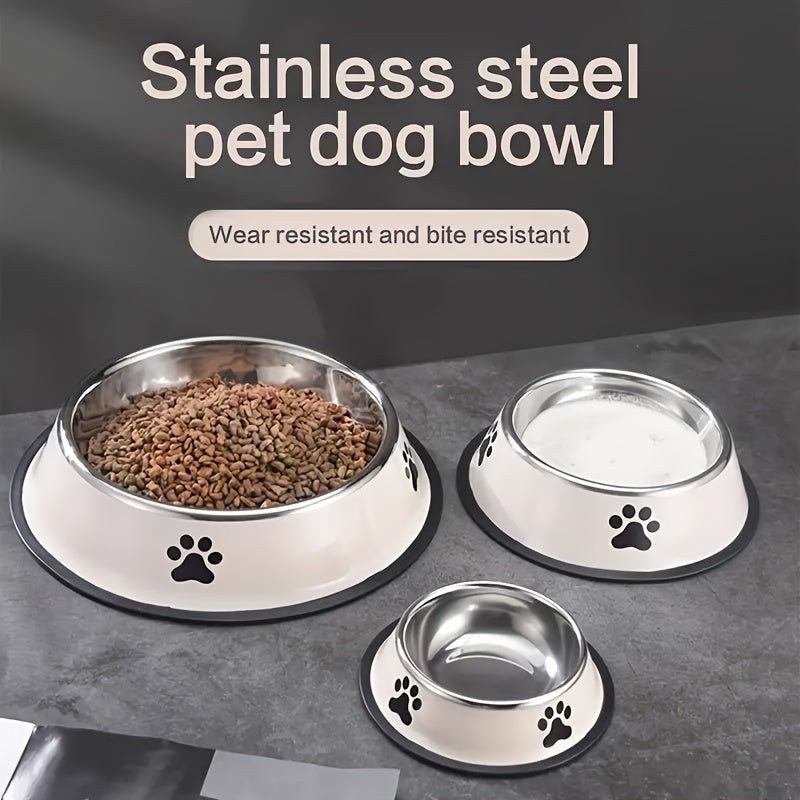 High-quality stainless steel pet bowl with non-slip base, easy to clean, ideal for dog and cat food or water, offered in three sizes.