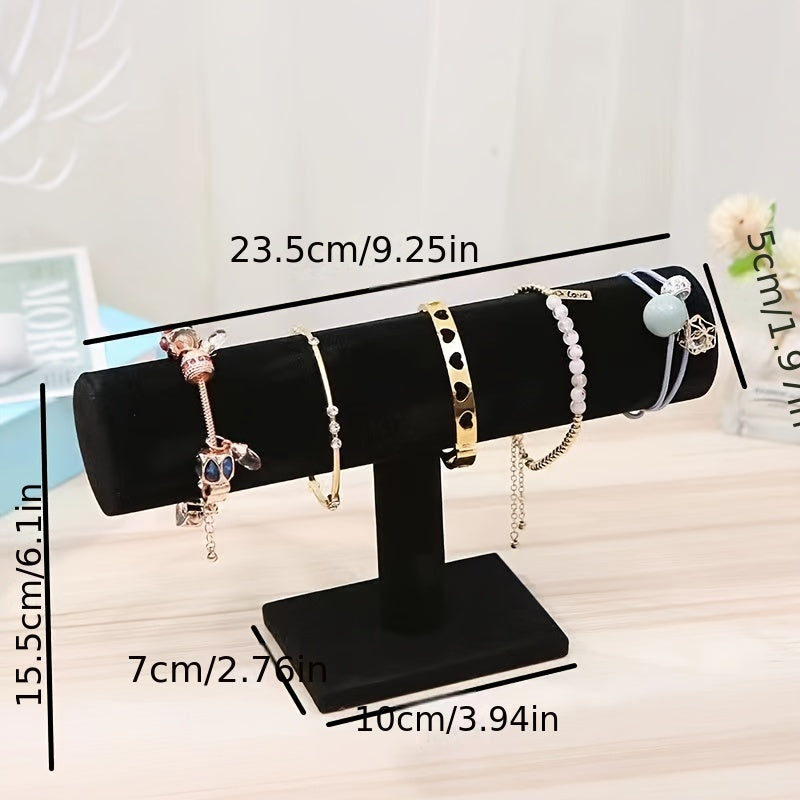 Elegant 3-tier velvet jewelry display stand with wooden base, white marble and black rollers. Multi-level organizer for bracelets, watches, and home decor. Perfect for showcasing in stores or at home. Features elegant design with marble texture.