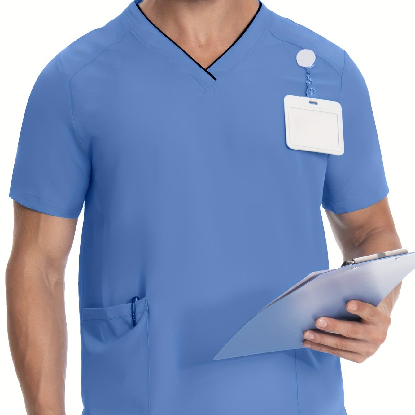 Men's Short Sleeve V-Neck Scrubs with Pockets, Polyester Lab Coat, Breathable with Slight Stretch, Regular Fit, Ideal for Pet Grooming and Medical Uniforms in Spring/Summer/Fall.