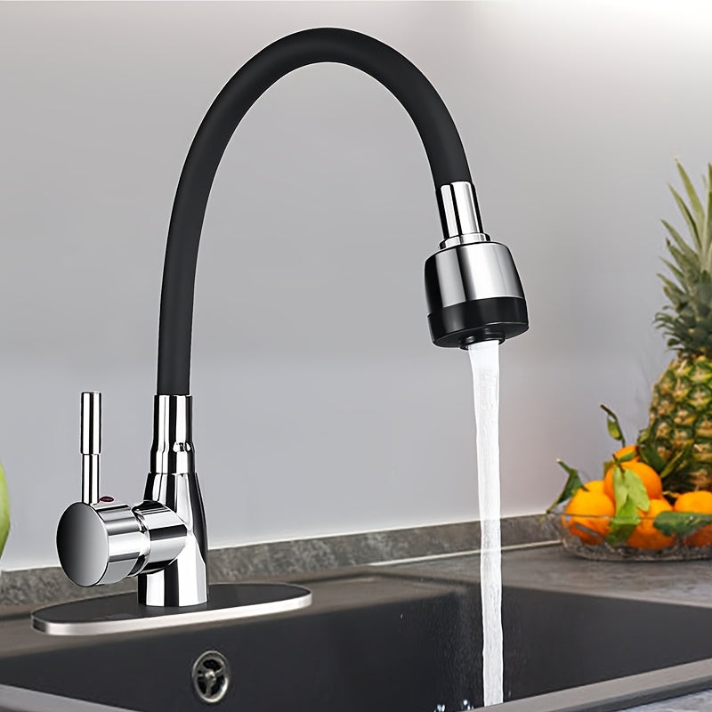 Classic style zinc alloy kitchen faucet with 360° rotating single handle, polished chrome finish. Deck mounted with installation hardware included, ceramic valve. No electricity or battery