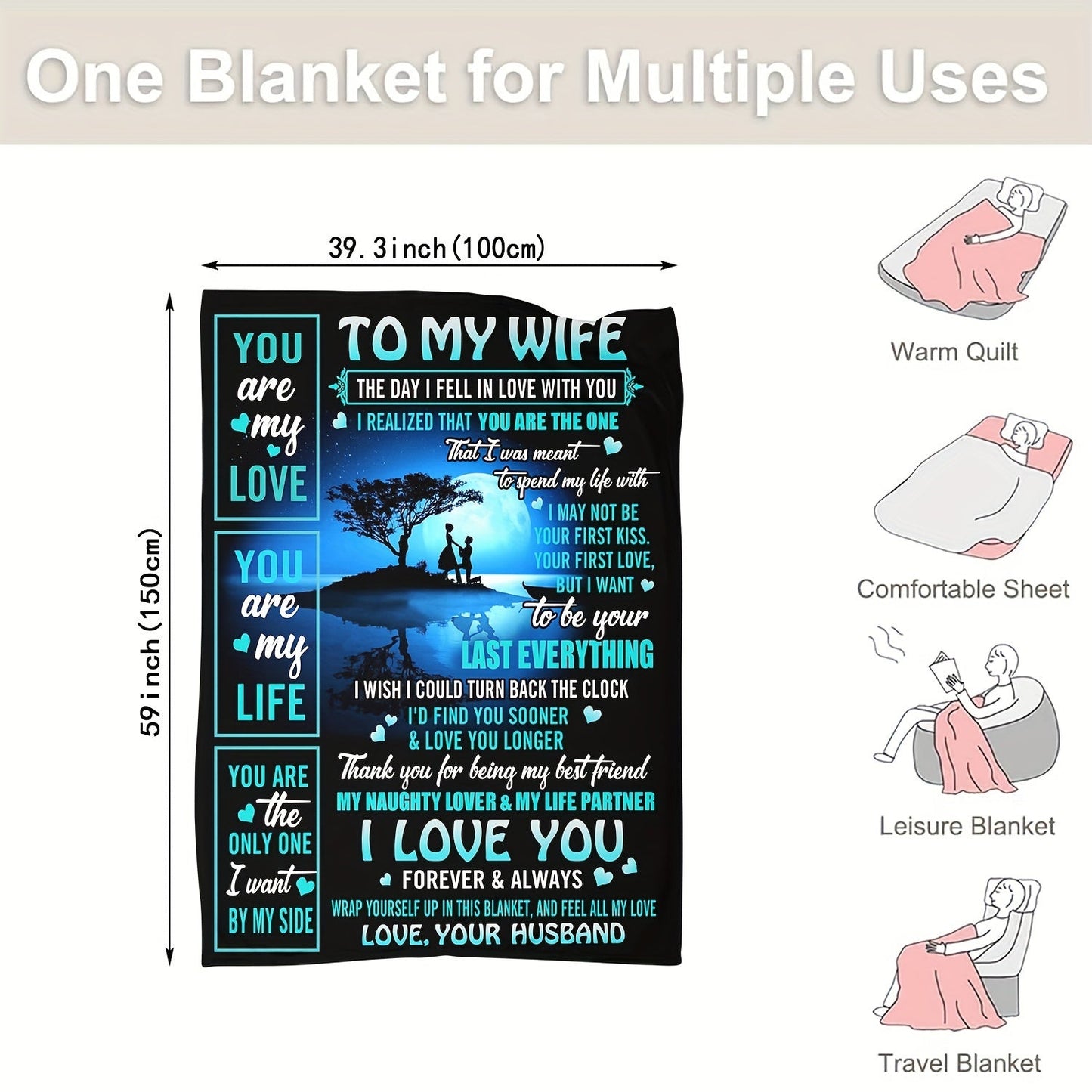 A cozy gift for wife from husband, this night sky blanket features love quotes. Perfect for snuggling up on the sofa or bed, this soft plush throw blanket is a thoughtful gesture.