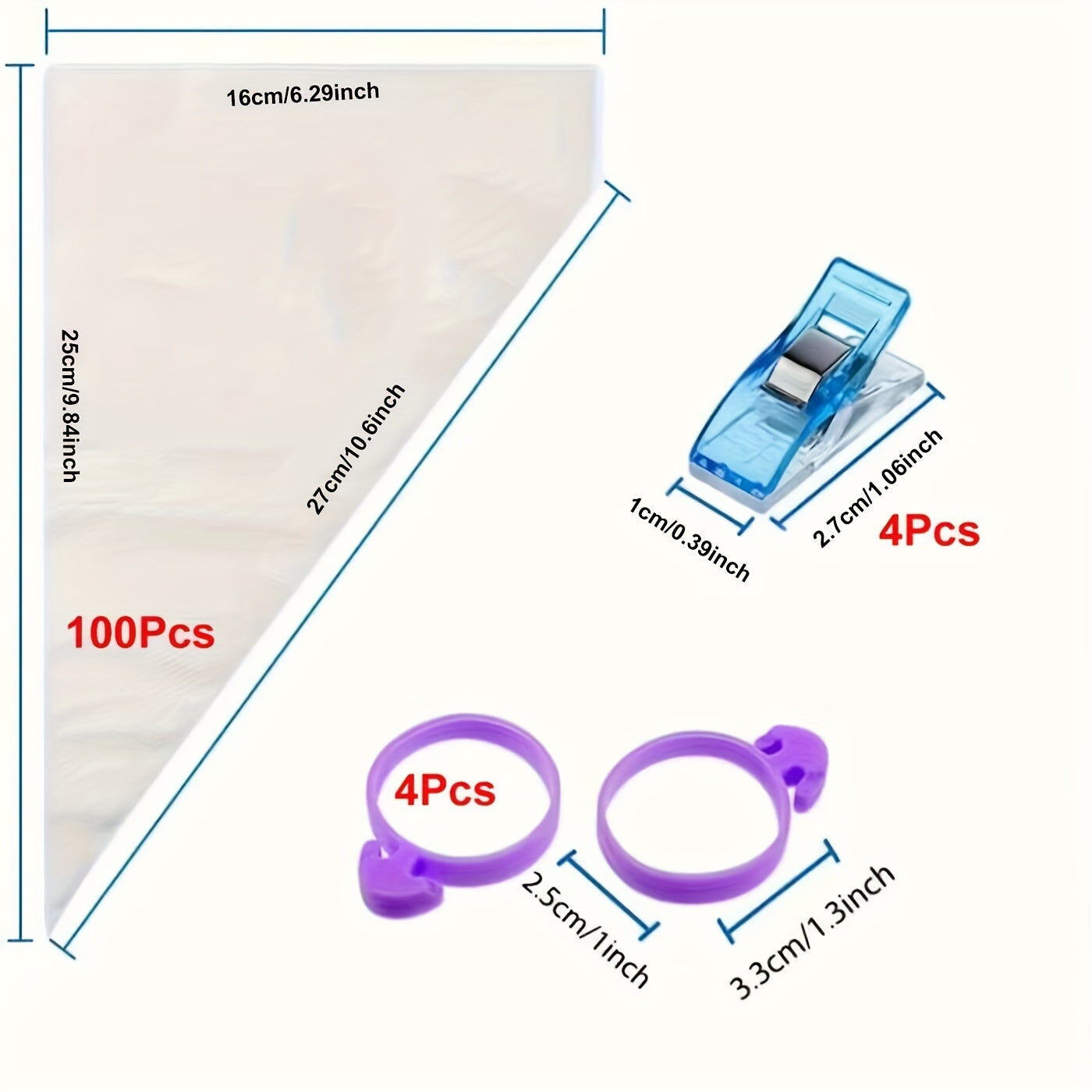 This set includes 108 disposable piping bags: 100 for royal icing and cookie decorating, 4 pastry bag ties, and 4 clips. These are the best tools for cookie and cake decorating, measuring 9 inches in length.