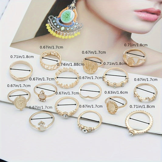 Assortment of 28 Bohemian-style rings for women, featuring a mix of sexy and cute designs. This set of faux jewelry makes a great gift, perfect for adding a vintage touch to any outfit. Ideal for engagement, wedding, or party wear, these trendy finger