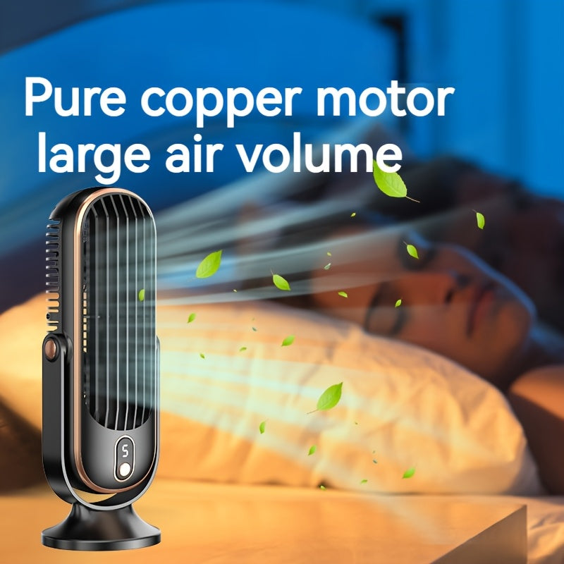 Compact and lightweight desk fan features 5-speed adjustment for customizable cooling. Perfect for use at home, in the bedroom, or while camping outdoors. USB rechargeable for convenience.