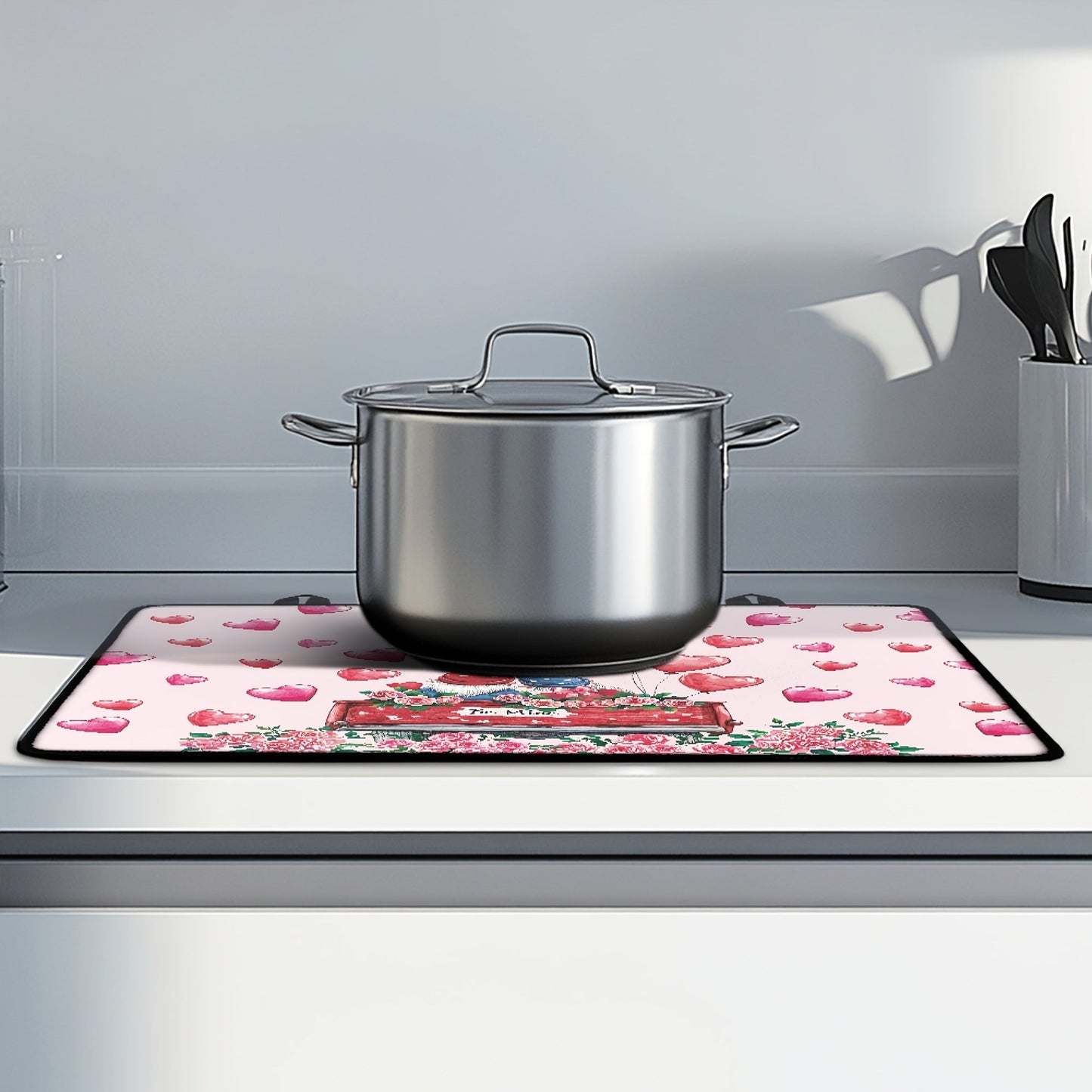 Valentine's Day-inspired stovetop cover featuring a charming gnome and heart design. Made with heat-resistant non-slip material to protect glass and ceramic surfaces from scratches. Perfect for coffee stations, kitchen decor, and more. Easy to wash and