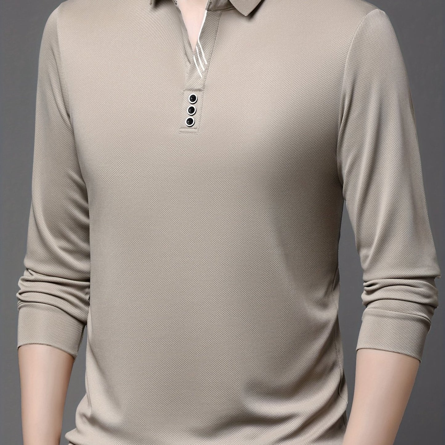 Men's casual business style long sleeve polo shirt made of 95% polyester and 5% spandex. Features a solid color, slight stretch fabric, regular fit with button detailing, and half placket.