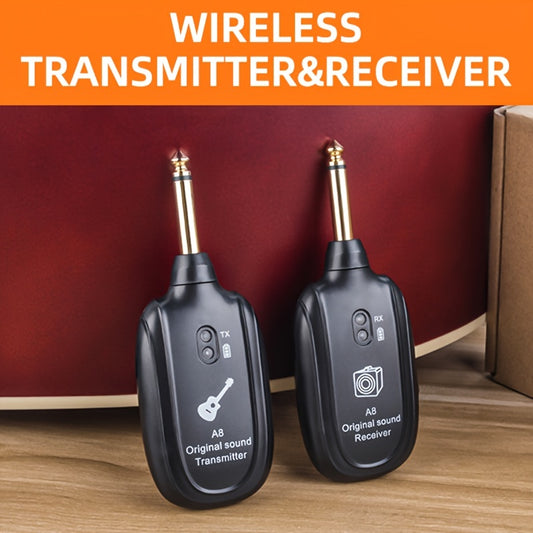 Wireless system for electric guitar with receiver, transmitter, and pickup.