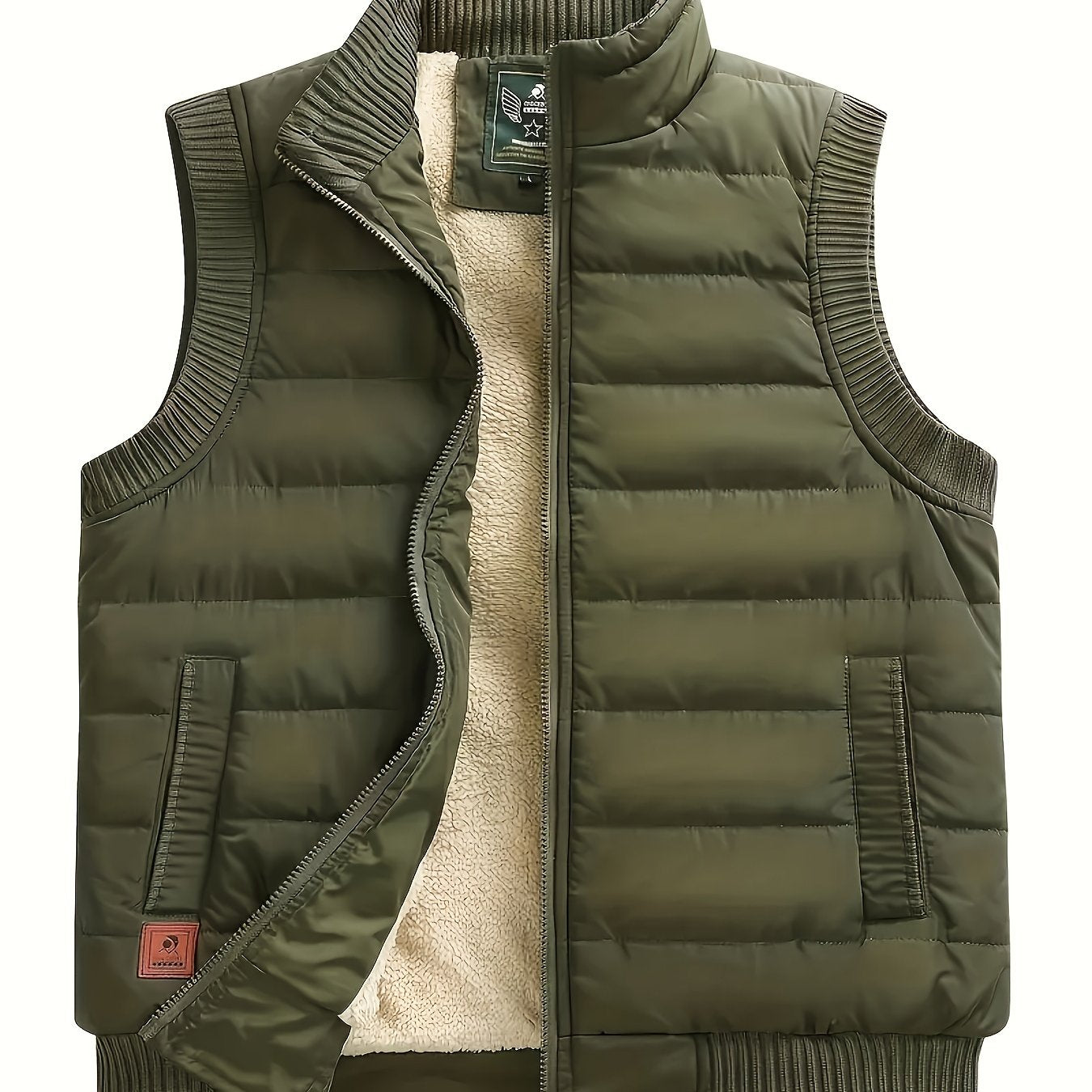 Men's Winter Vest - Olive Green, Zipper, Fleece-Lined, Ribbed Collar & Cuffs