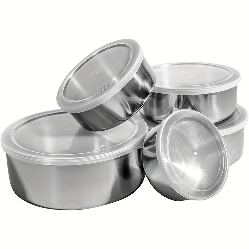 5 stainless steel storage containers with clear lids for home and kitchen organization.