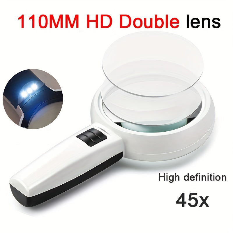 Handheld magnifying glass with 30X and 45X lenses, LED light, and mini pocket size for jewelry and reading magnification.