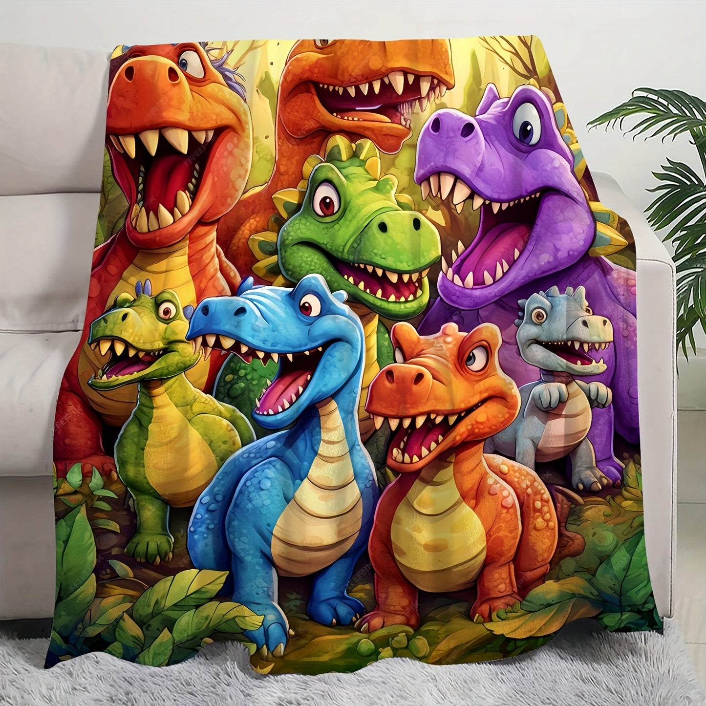 High-definition digital print flannel throw blanket featuring adorable smiling dinosaurs, with a contemporary animal theme. Perfect for all seasons, this cozy knitted thermo-regulating cover is made of 100% polyester lightweight fabric. Ideal for napping