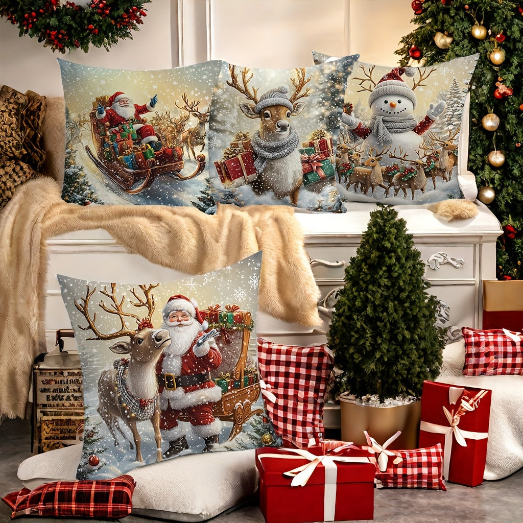 4 festive pillow cases featuring Santa Claus, Snowman, and Reindeer prints. Made of polyester, zippered, and machine washable. Perfect for home decor in the living room. Dimensions are 45.01 x 45.01 cm.