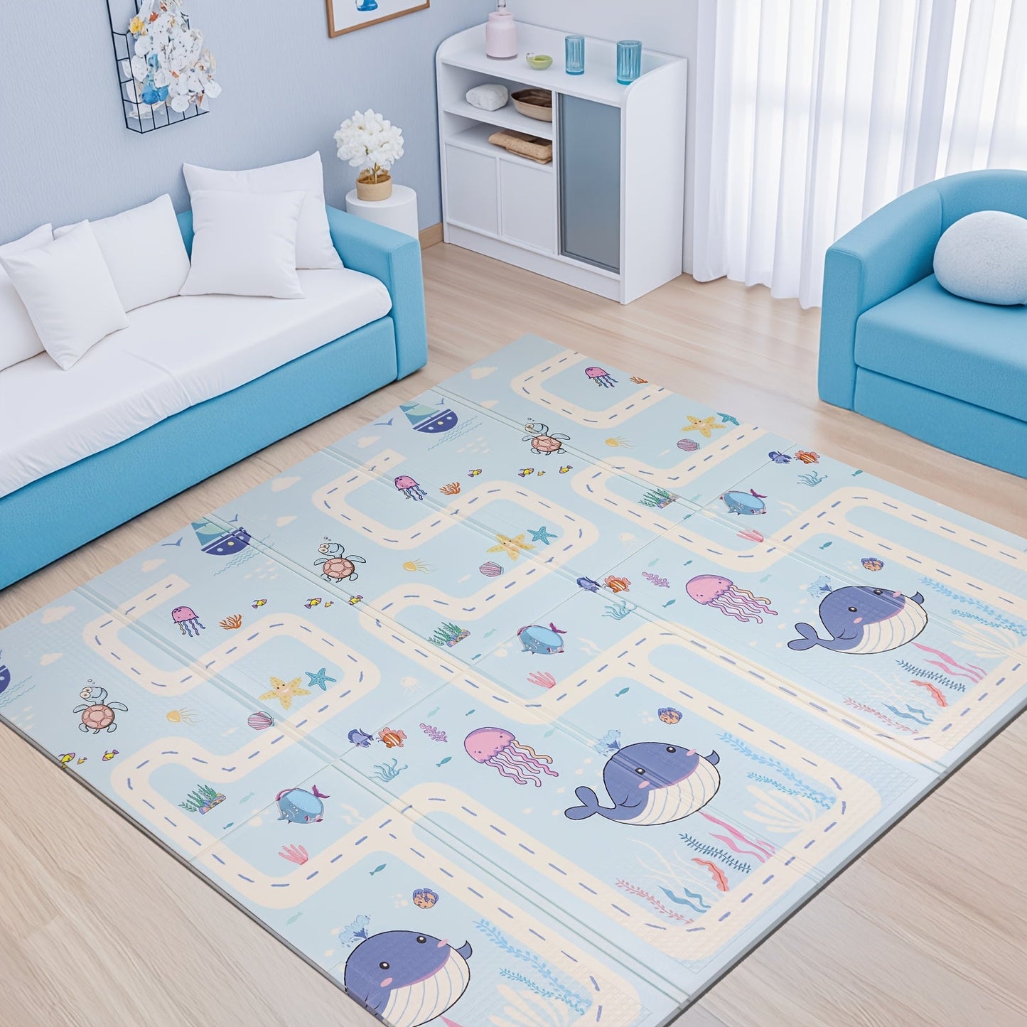 The Double-Sided Waterproof Play Mat, featuring a Blue Cartoon Animal Design, is engineered with a Foldable Non-Slip PE Surface. It is perfect for Crawling and Walking Training, as well as adding a touch of charm to your Nursery Floor. Makes for an Ideal