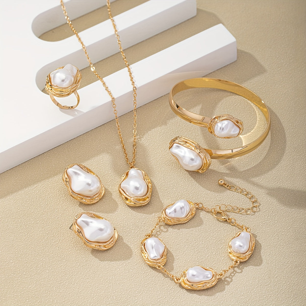 Exquisite Jewelry Set: 14K Gold Plated Alloy with Faux Pearls - Necklace, Earrings, Ring, and Bangle for Women - Perfect for Everyday and Formal Events