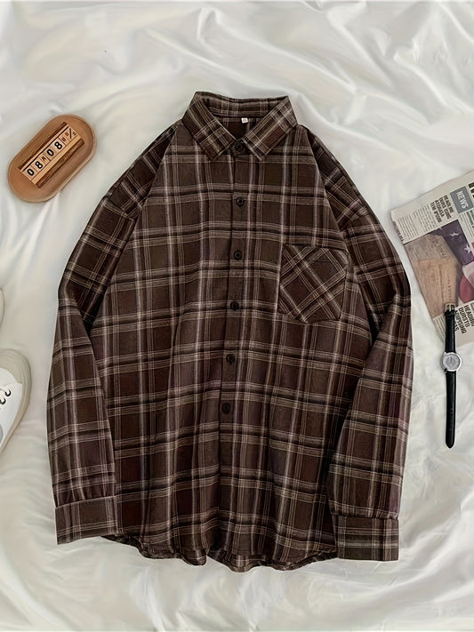 Vintage plaid shirt for large women with loose fit and long sleeves.