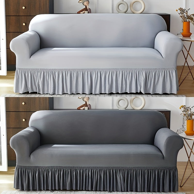 Elastic sofa cover with skirt, universal for all seasons, suitable for living room, office, and home decor.