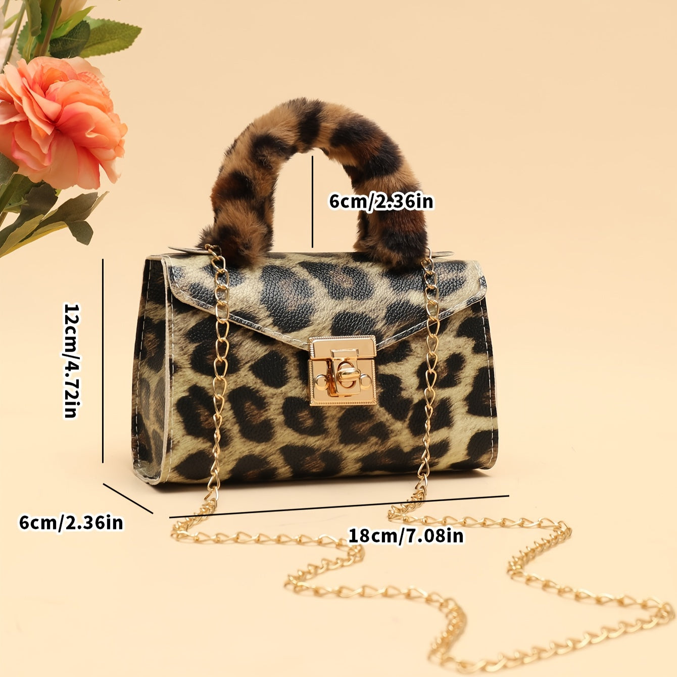 Furry chain crossbody bag with wrist lock and animal print, perfect for daily outings in autumn and winter.