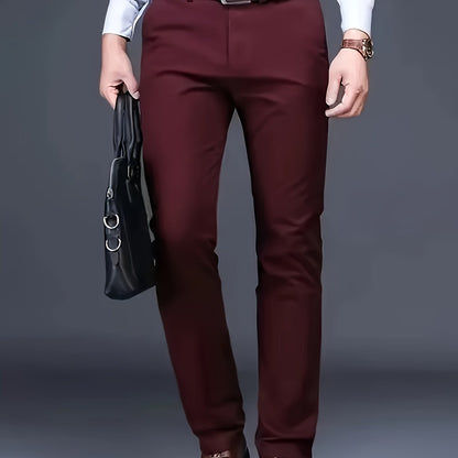 Men's Burgundy Dress Pants - Slim Fit, 100% Polyester, Elegant Finish, All-Season Wear, Hand Washable - Perfect for Business & Formal Events