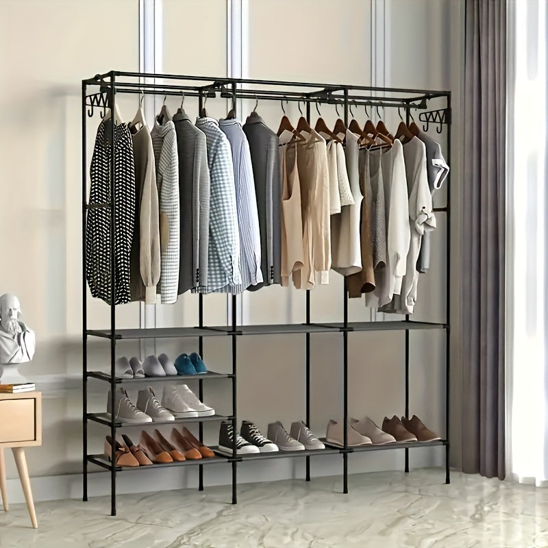 Metal storage cabinet with hooks, 3-tier organizer for coats, shoes, and accessories. Perfect for bedroom, hallway, and living room. Requires no electricity or battery.