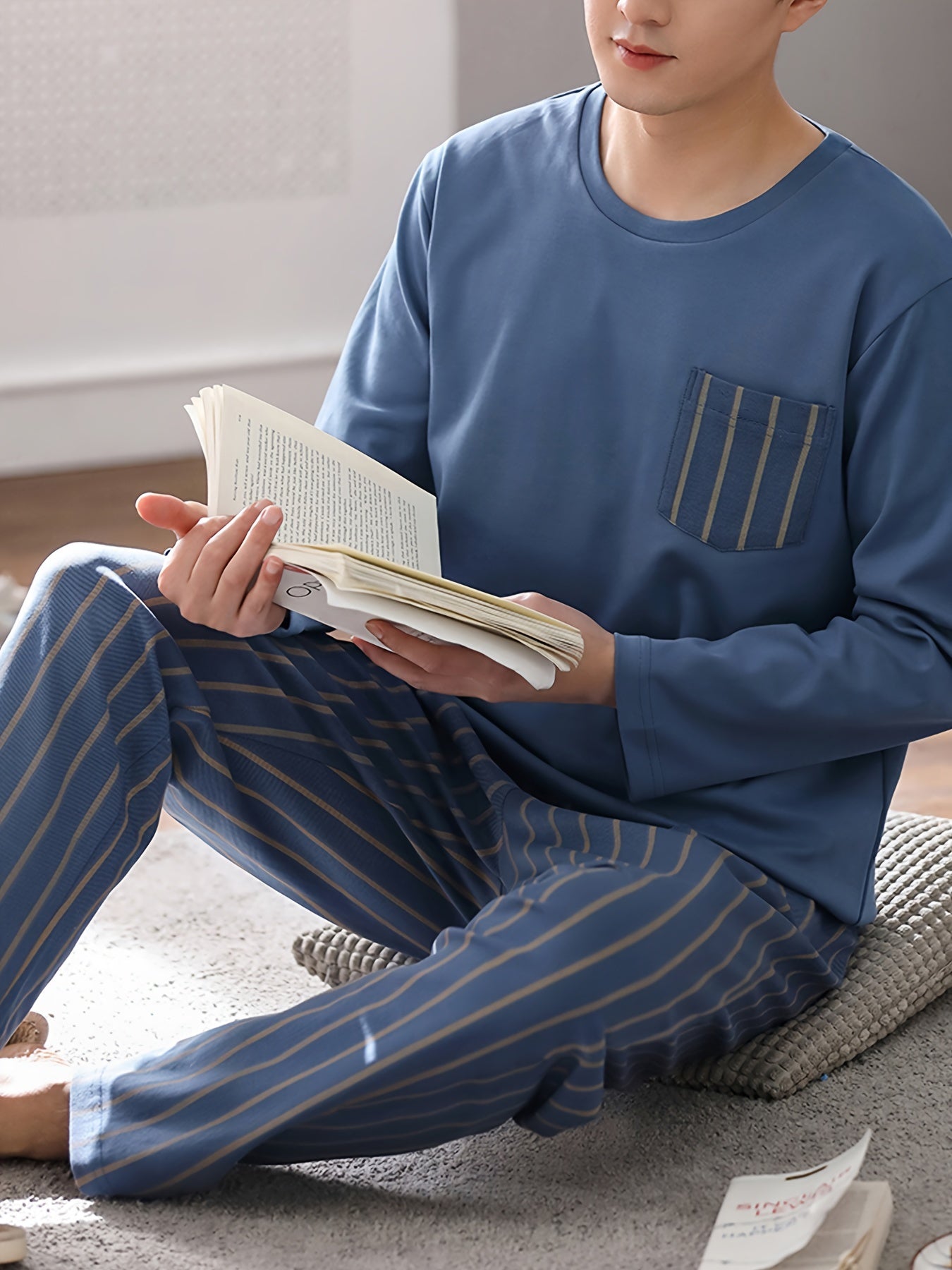 Navy Blue Striped Men's Pajama Set with Pockets - Made of Cozy Polyester, Machine Washable