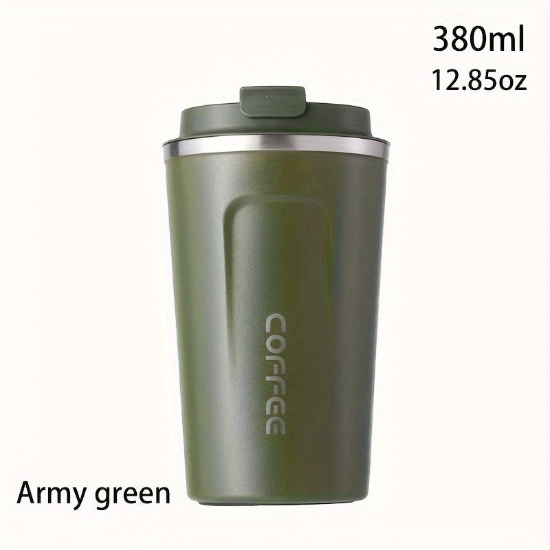 Reusable stainless steel travel mug in 12.85oz/17.25oz sizes, leak-proof and insulated for hot or cold drinks, ideal for both summer and winter, perfect birthday gift. Hand wash only.