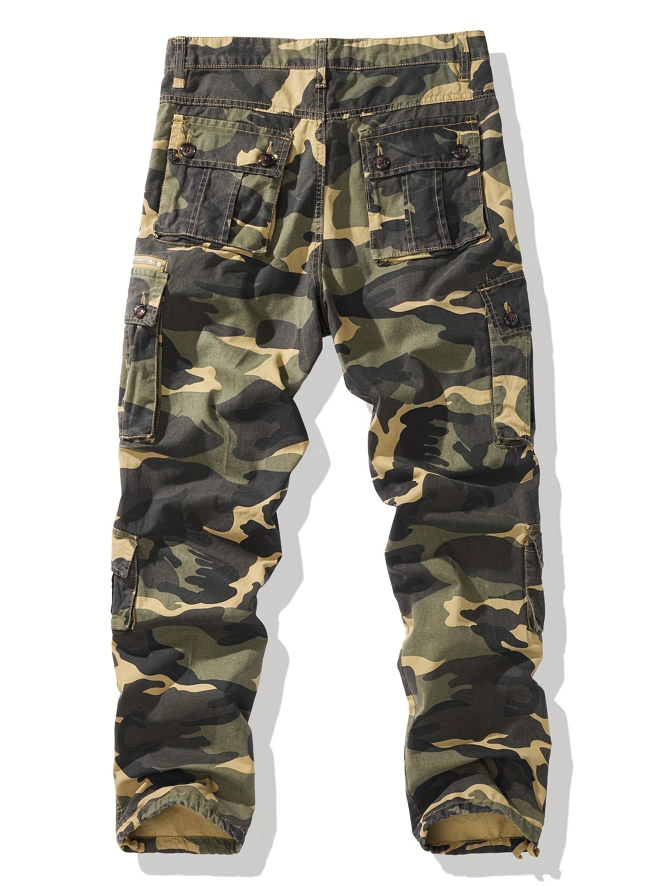 Men's trendy camouflage cargo pants in cotton with a multi-pocket utility design, non-stretch fabric for fall, and plus size options. Ideal for casual streetwear with a smooth texture.