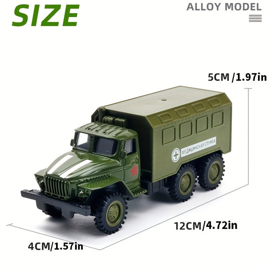 Zinc alloy military truck replica with manual pull-back operation, ideal for cake decoration, car decor, home and office desk ornament, and as a gift for collectors and army decor.