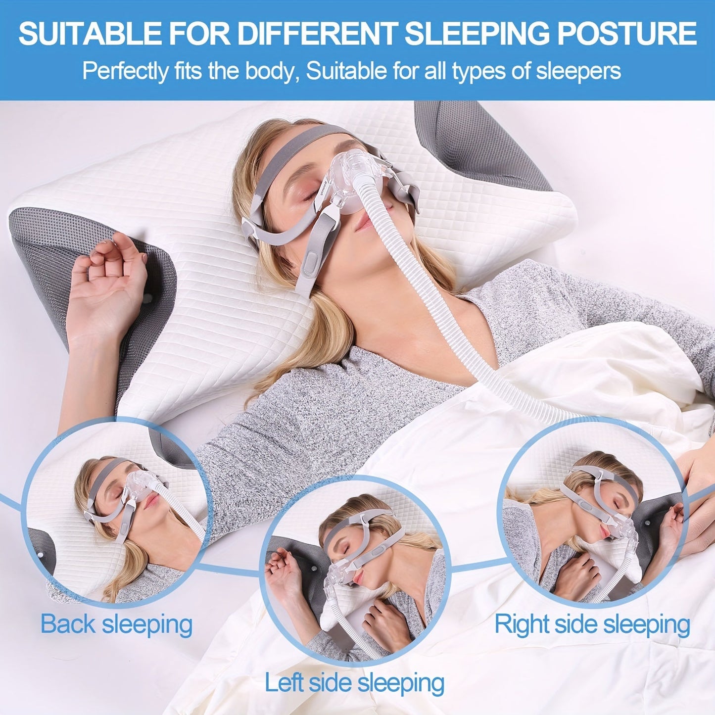 Get a 1-piece memory foam pillow designed specifically for side sleepers. This cervical pillow is perfect for relaxation and ideal for those using CPAP machines. Say goodbye to air leaks, hose tangles, and mask pressure with this Sleep Apnea Pillow. It