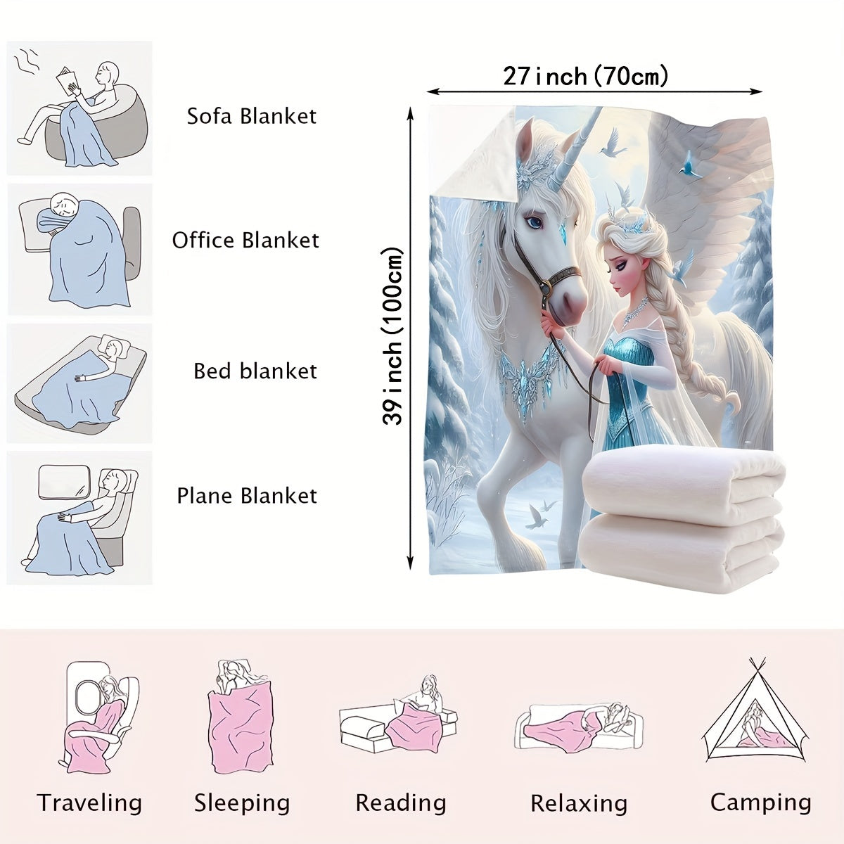 High-necked Unicorn Snow And Ice Art Blanket - versatile for use as a carpet, bed blanket, towel quilt, nap blanket, casual blanket, travel blanket, or throw blanket.