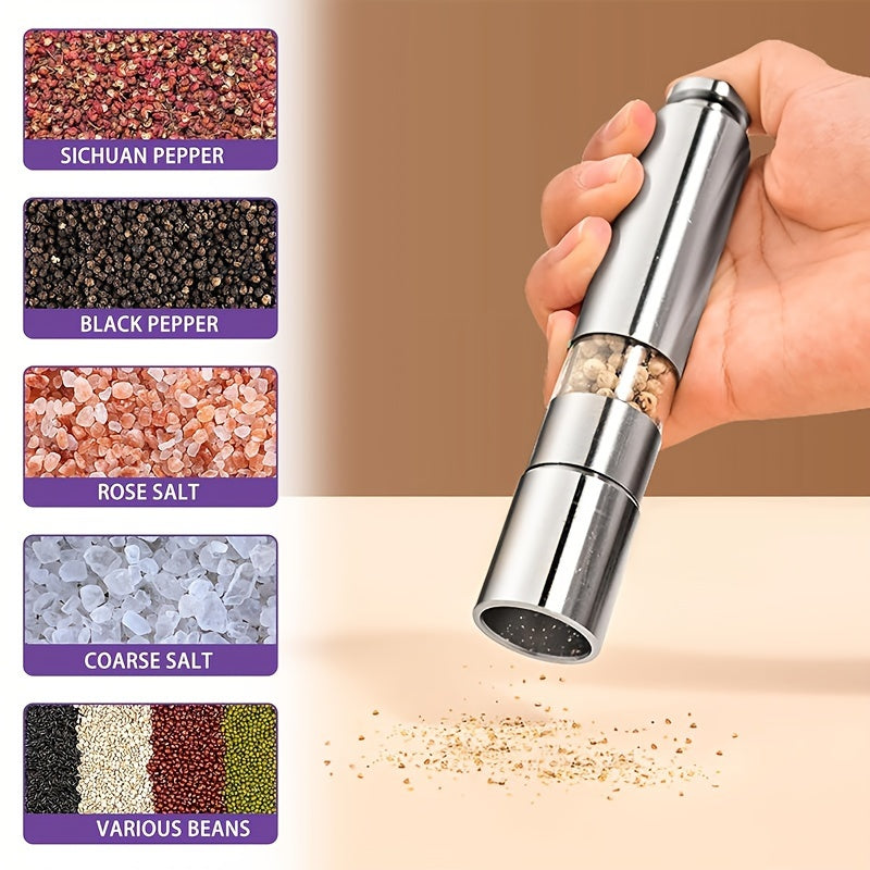 Manual Sea Salt and Pepper Grinder made from durable stainless steel, doesn't need electricity to function, and features a coarse grind option.