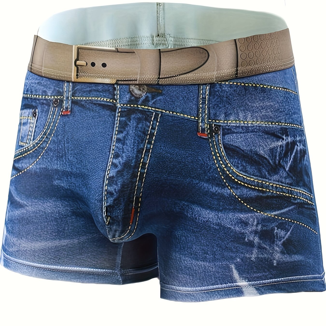 Men's fashion cotton 3D denim boxer briefs with belt print, breathable and stylish underwear.