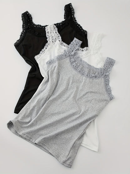 Three solid color lace trim tank tops in black, white, and gray. Versatile round neck design for all seasons. Basic fit and breathable for women's underwear.