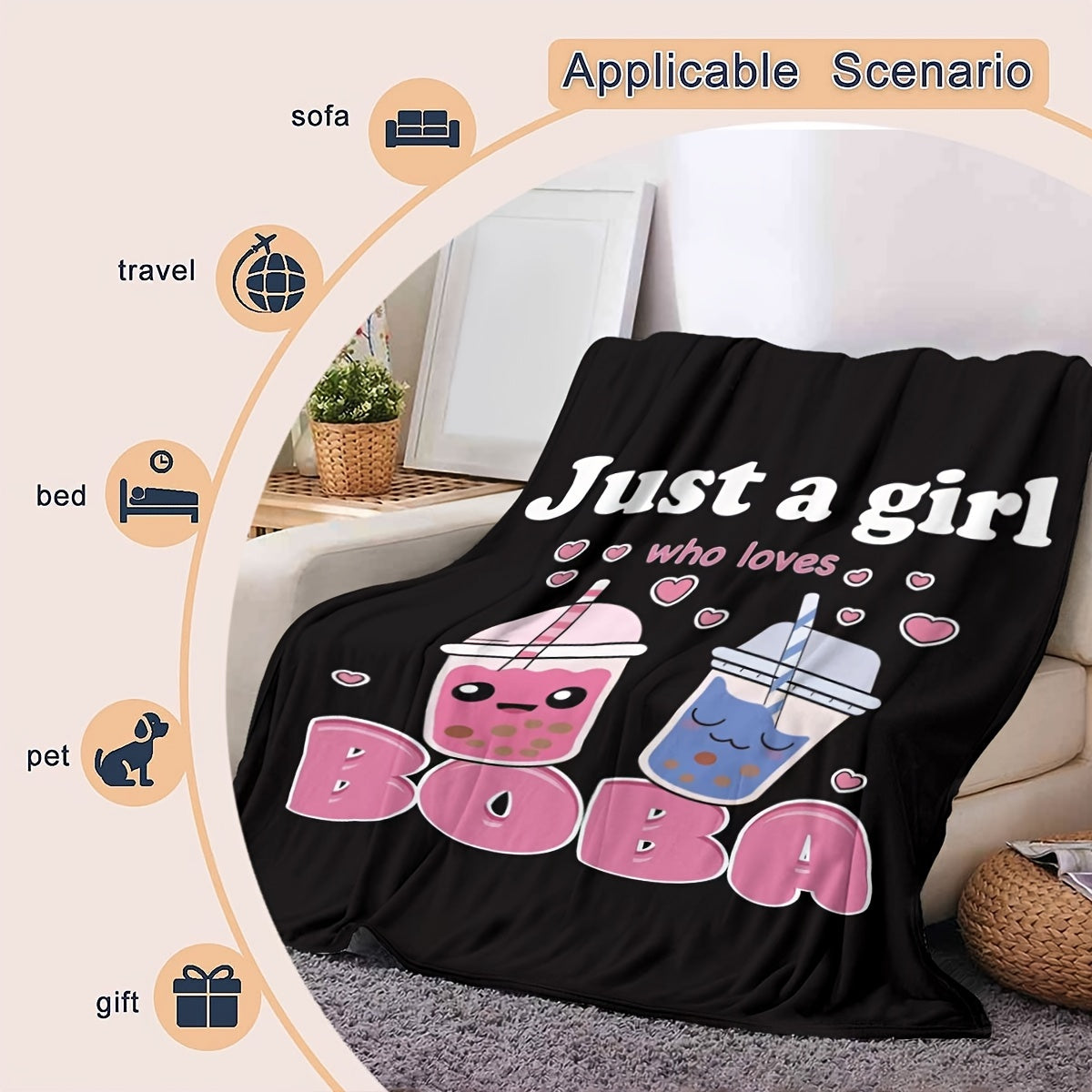 One piece of anime blankets featuring plush boba milk tea fleece, perfect for girls who adore boba. This blanket is filled with comfort, made of super soft and lightweight flannel, suitable for beds and chairs. A cute gift idea!