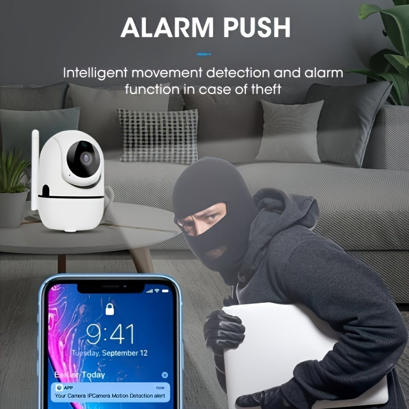 Wireless security camera with 1080P HD, auto-tracking, motion detection, night vision & two-way audio - perfect for home monitoring.