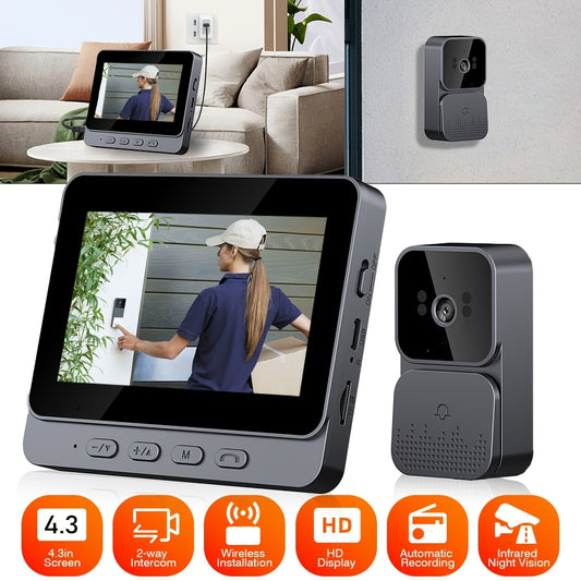 Home security video doorbell camera with 10.92cm HD display, infrared night vision, two-way audio, wireless RF connectivity, easy installation, long battery life, and sleek design.