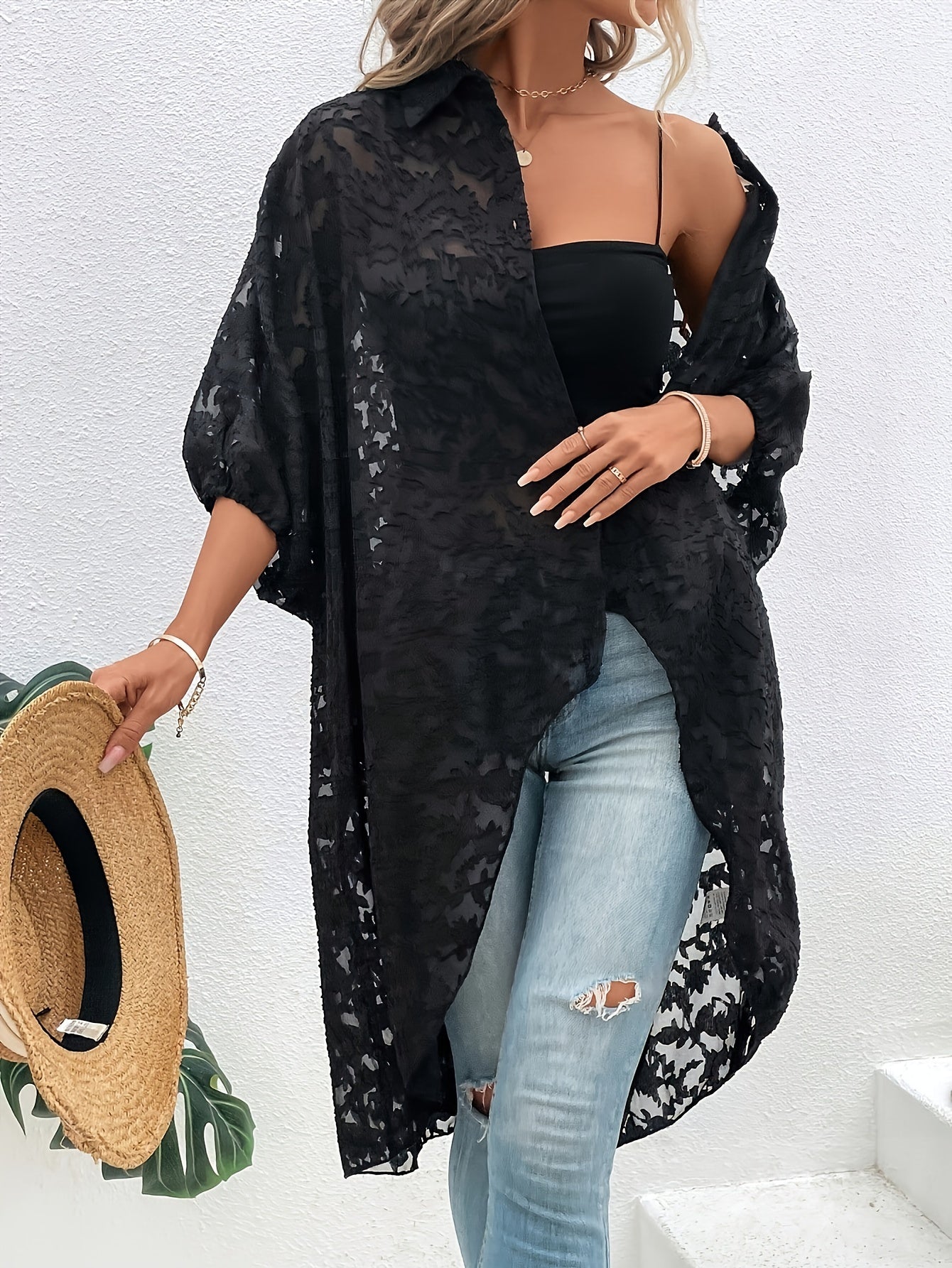 Jacquard High Low Hem Blouse with Batwing Sleeve Collar, Plus Size Women's Clothing