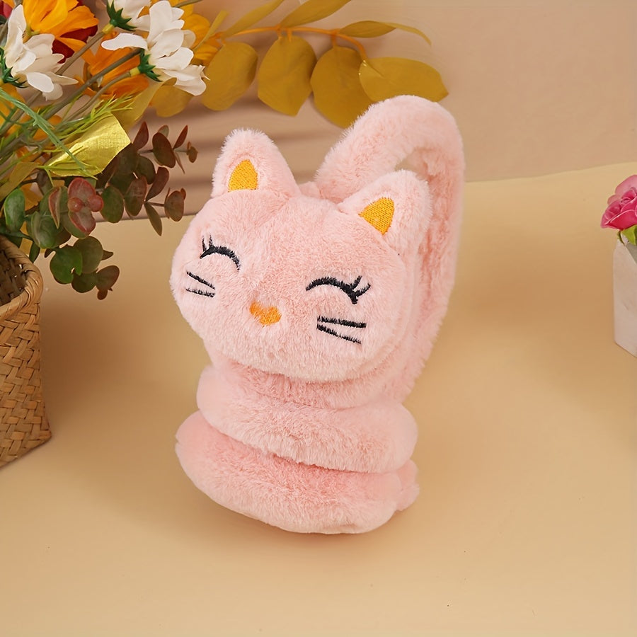 Stay cozy with these adorable cat-themed plush earmuffs for women, girls, and students. Perfect for keeping your ears warm in the cold autumn and winter weather. Featuring a solid color design and soft furry material.