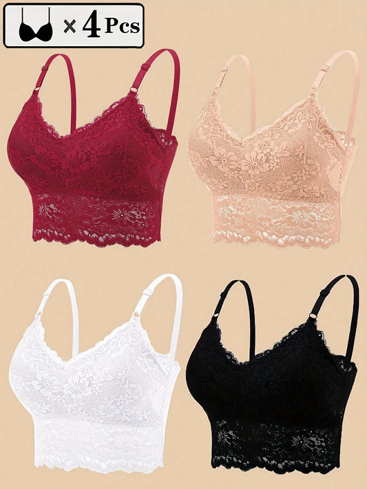 4 Women's lace bras, comfortable wireless lingerie, seamless design, hollow out detail.